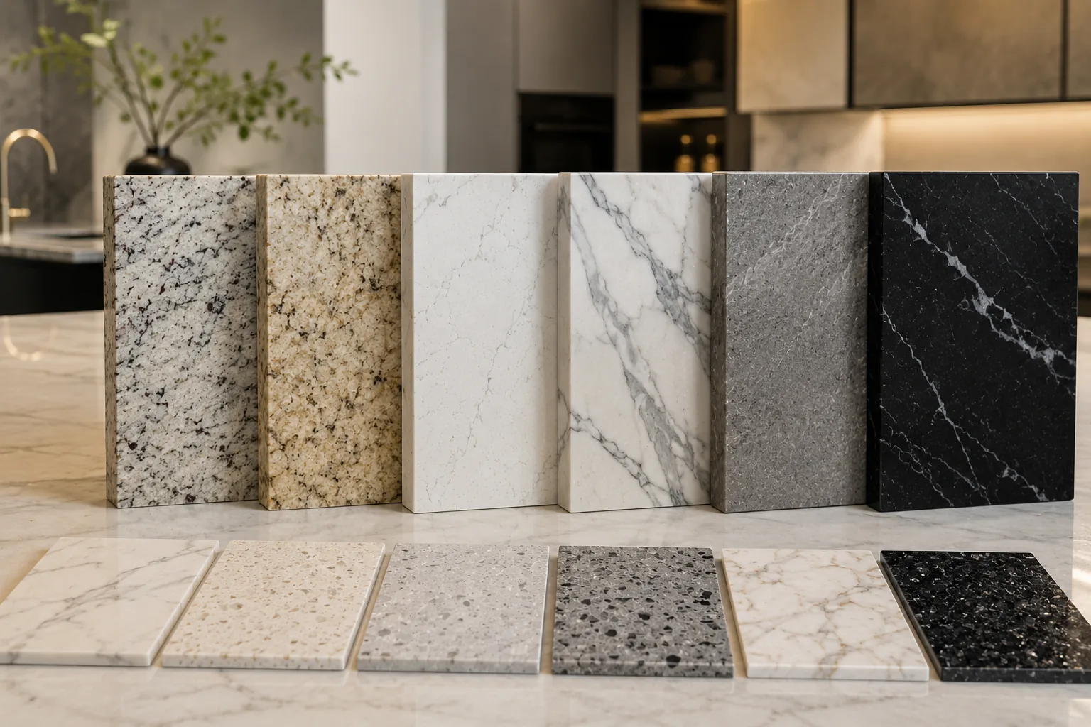 Granite, marble, quartz and quartzite samples standing on a stone counter