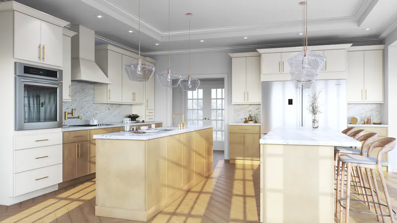 Kitchen with cream cabinets, two wood islands and glass pendant lights