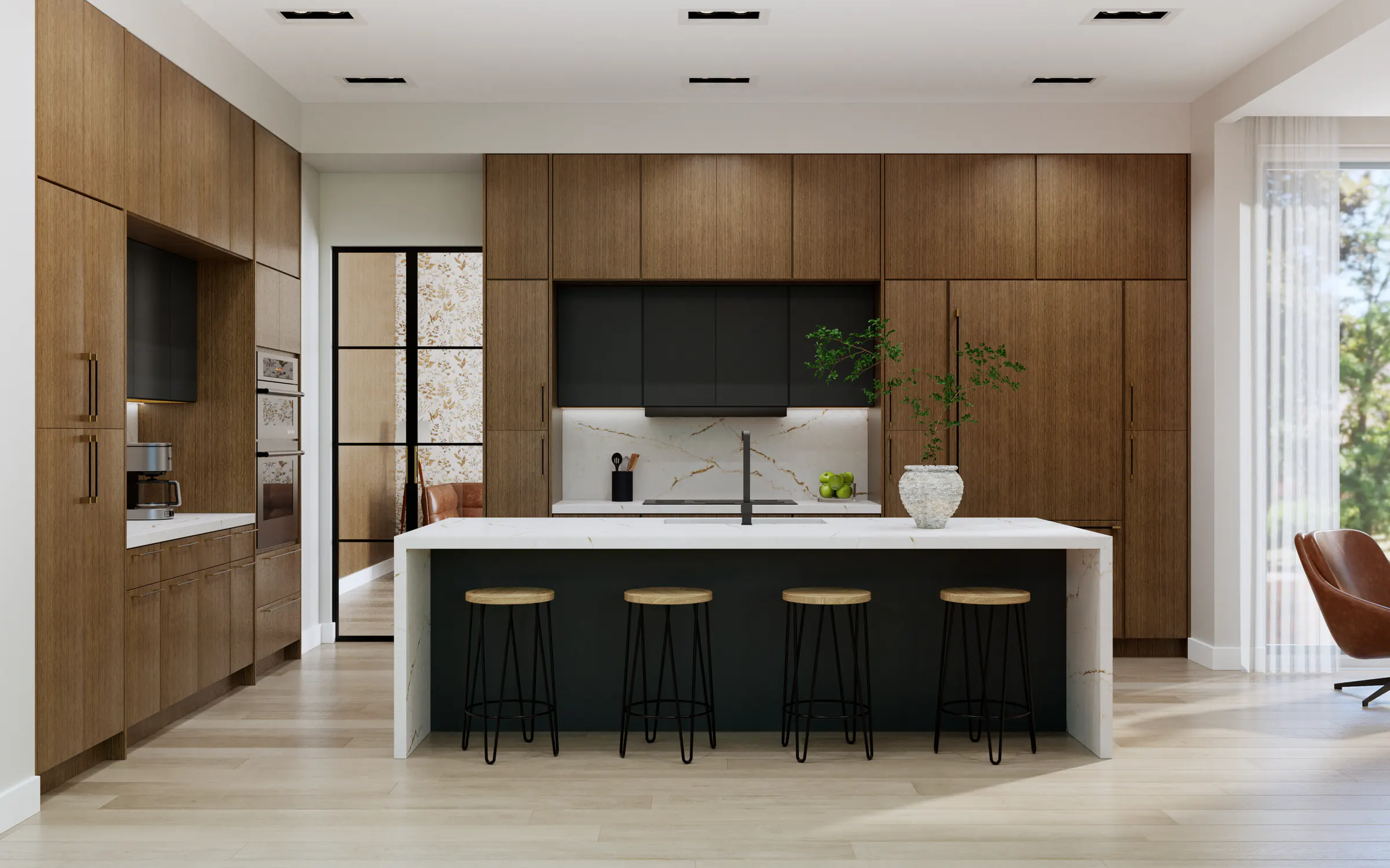 A rendered kitchen with warm wood slab cabinets, a white island and black stools