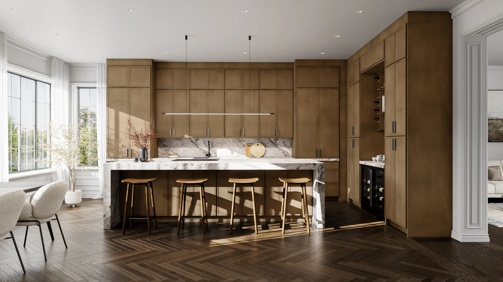 Open kitchen with warm wood slim-shaker cabinets, a dark island with wood stools and a herringbone floor
