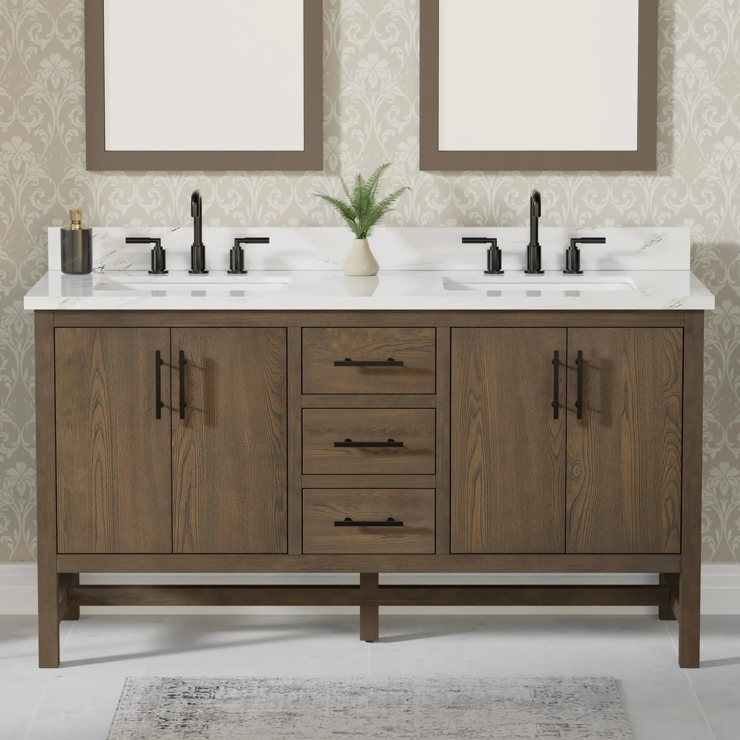 A 60-inch elm double vanity with a white stone top, black faucets and two framed mirrors